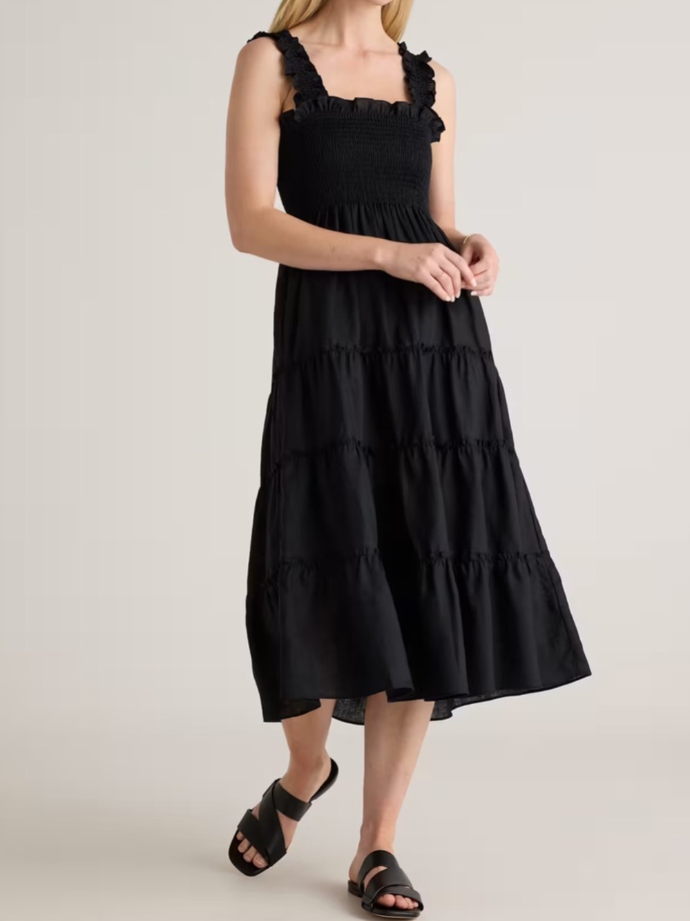 Quince 100% European Linen Smocked Midi Dress Black Milkmaid Summer 2024-Large